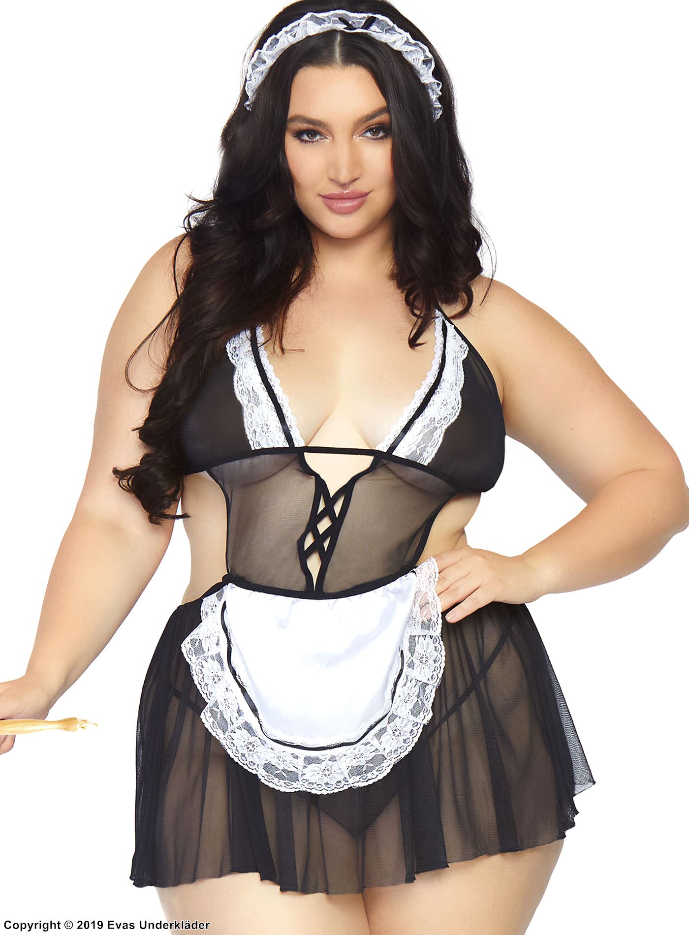 French maid, kostym-babydoll, gjennomsiktig netting, kniplinger, dyp utringning, plus size